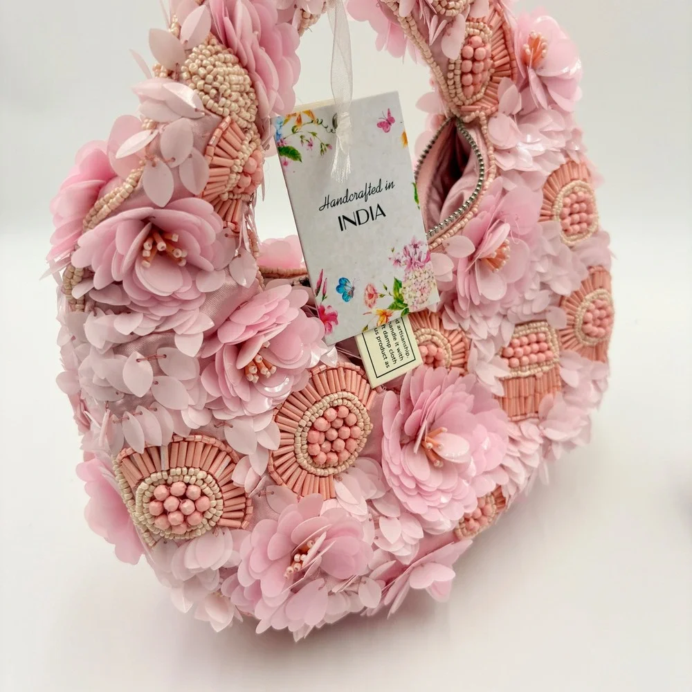 Handcrafted in India Pink 3D Sequin Flower Beaded Hobo Bag Evening Top Handle